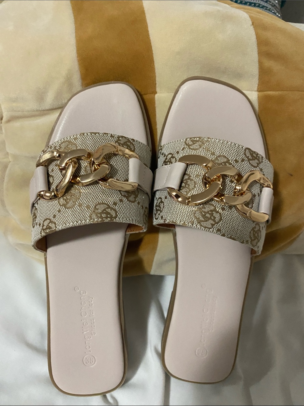 Beige Chain-Accent Slide Mules for Women